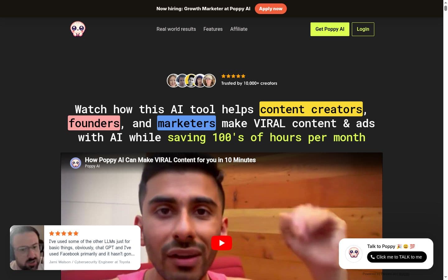 Poppy AI homepage showing AI content creation for content creators, founders, and marketers trusted by over 10,000 creators