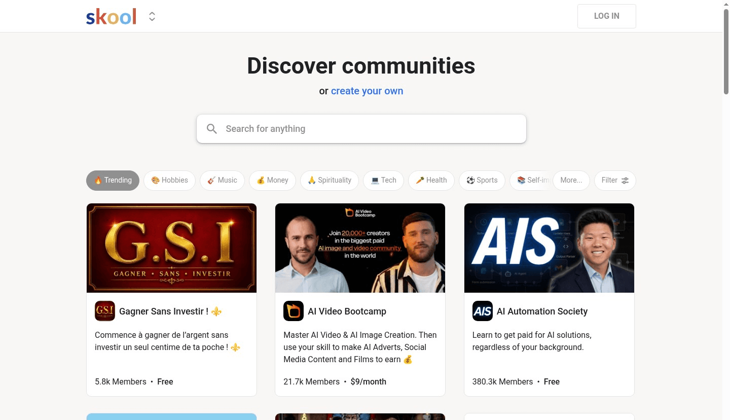 Skool community platform homepage showing 25 million users, 200,000 communities, and community creator examples earning thousands per month
