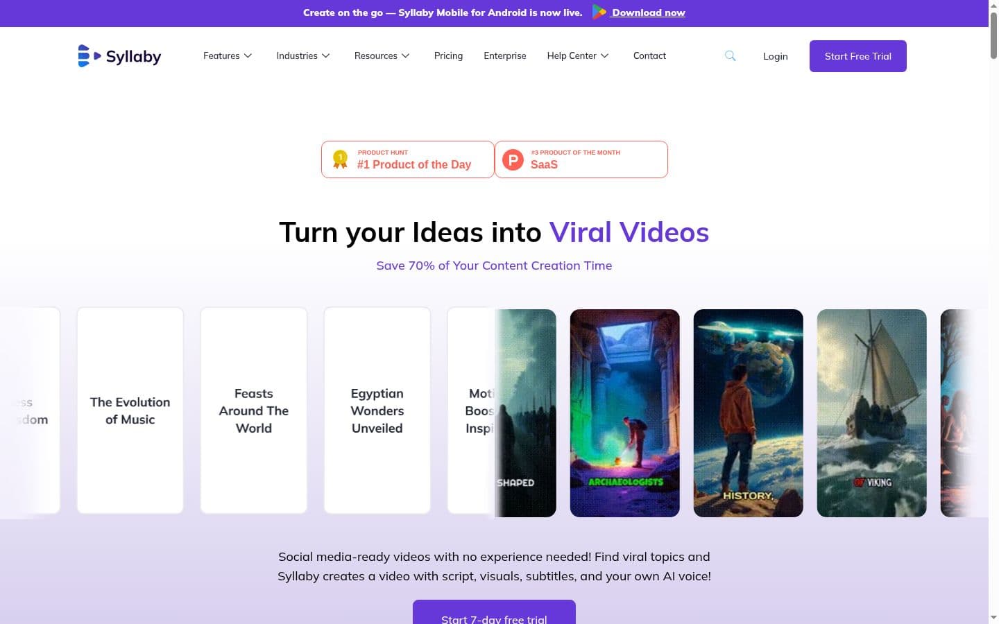 Página principal de Syllaby mostrando Convierte tus Ideas en Videos Virales con ejemplos de video generado por IA y badge de Producto número uno del Día en Product Hunt