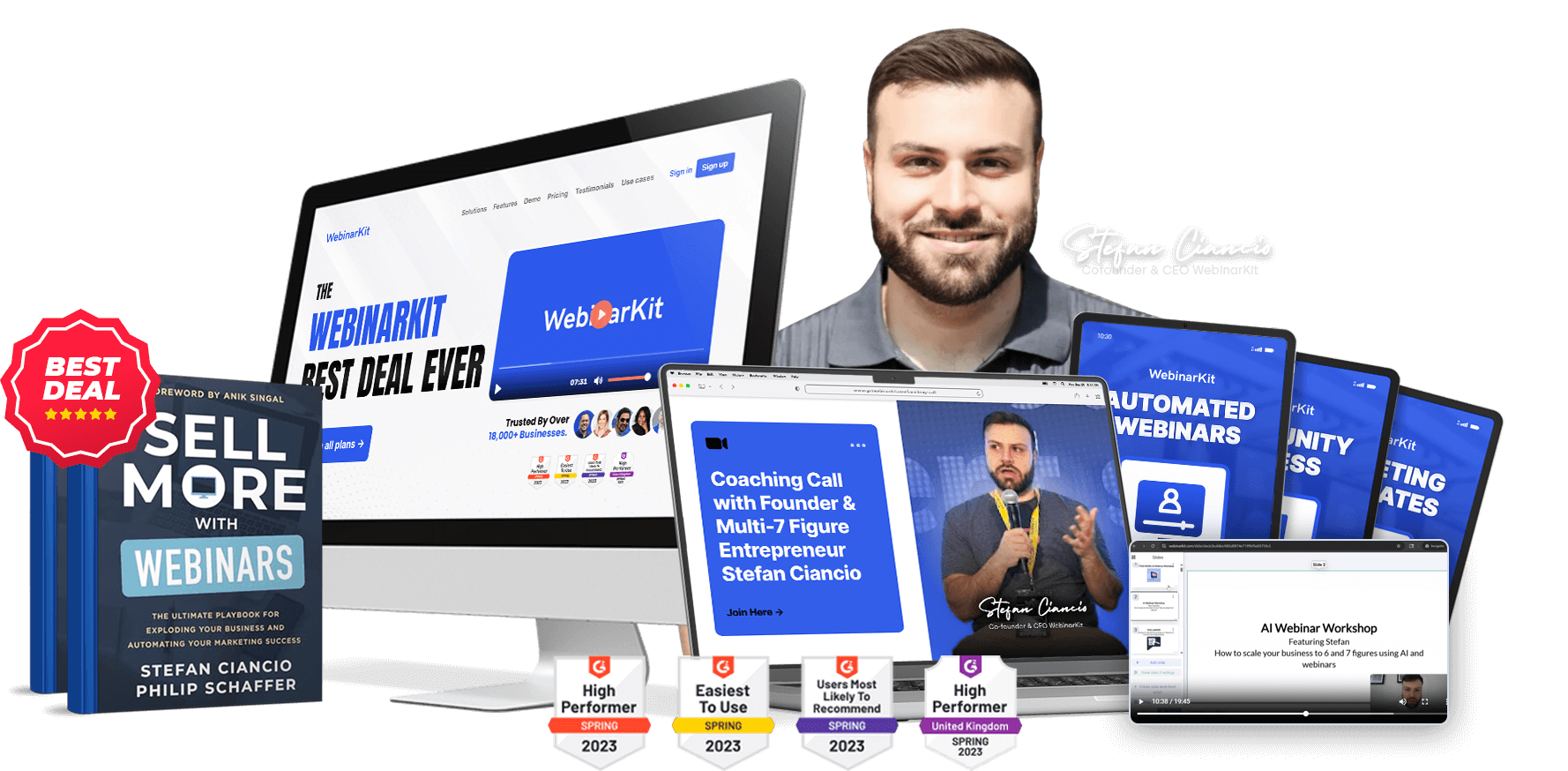 WebinarKit 2026 Best Deal Ever bundle showing automated webinars, live webinars, AI tools, and white label features