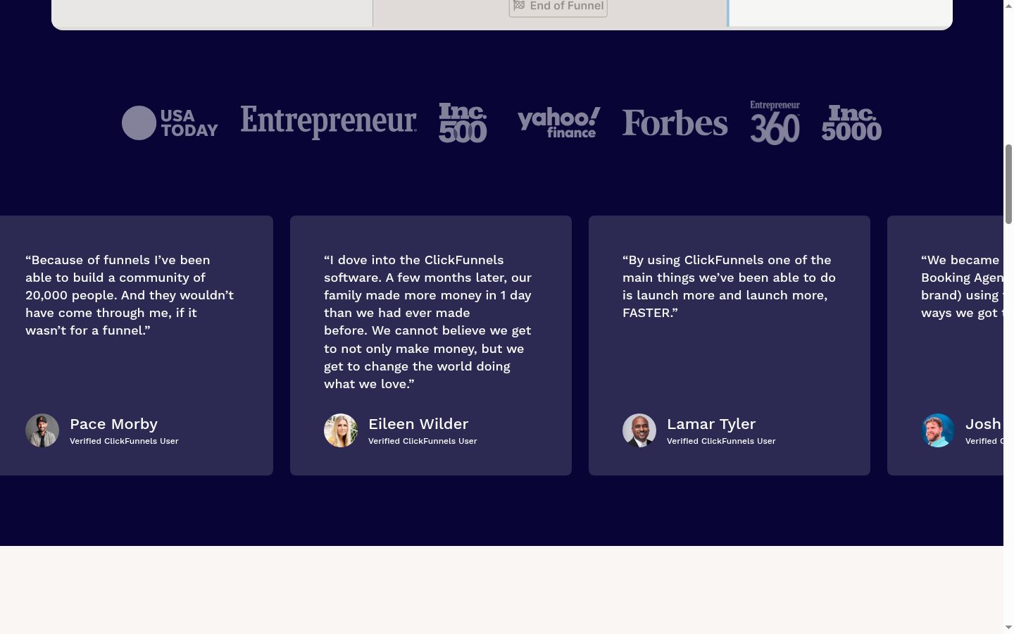 ClickFunnels trust logos including USA Today, Entrepreneur, Inc 500, Yahoo Finance, Forbes, Entrepreneur 360, and Inc 5000, with verified user testimonials from Pace Morby, Eileen Wilder, Lamar Tyler, and Josh Brown about building communities and launching faster with funnels