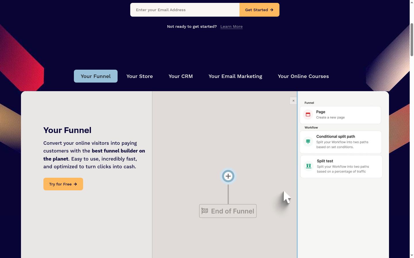 ClickFunnels funnel builder interface showing Your Funnel section with best funnel builder on the planet tagline, visual funnel workflow with Page, Conditional split path, and Split test elements, and cart page template for Wooden Collection product