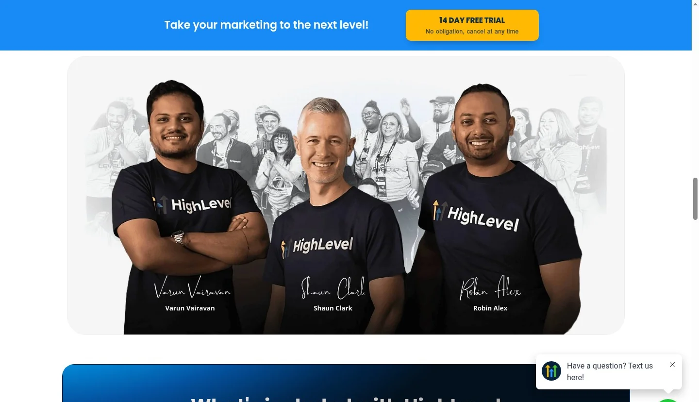 GoHighLevel founding team - CEO Shaun Clark, CTO Varun Vairavan, and COO Robin Alex at a HighLevel Summit event with the agency community behind the platform's 120,000+ customers worldwide