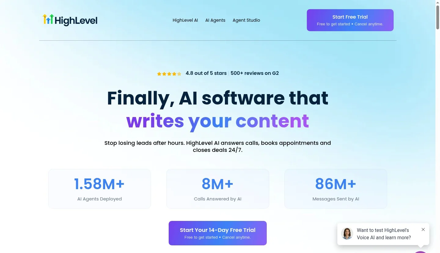 GoHighLevel AI Employee landing page - autonomous AI agent that handles email, SMS, and voice conversations 24/7 with real-time lead qualification and appointment booking