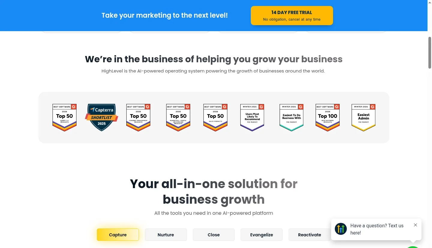 GoHighLevel G2 Best Software 2026 awards - Top 50 Agentic AI, Top 50 Content Management, Top 50 Marketing and Digital Advertising, Top 50 Sales, Users Most Likely to Recommend, and Capterra Shortlist 2025 badges
