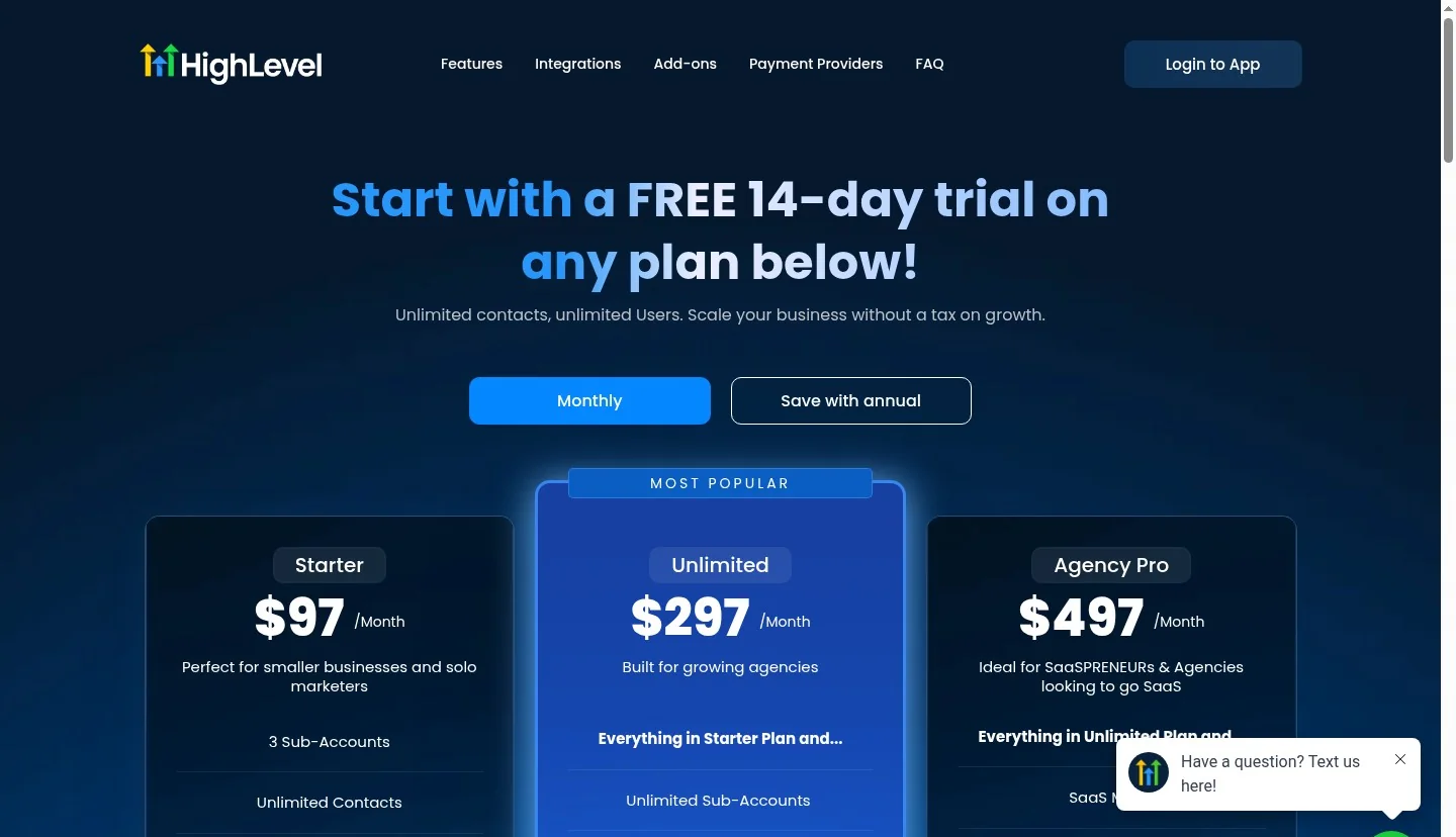 GoHighLevel pricing page 2026 - Starter plan at $97/month with 3 sub-accounts, Unlimited plan at $297/month (most popular) with unlimited sub-accounts, and Agency Pro at $497/month with SaaS Mode for white-label reselling