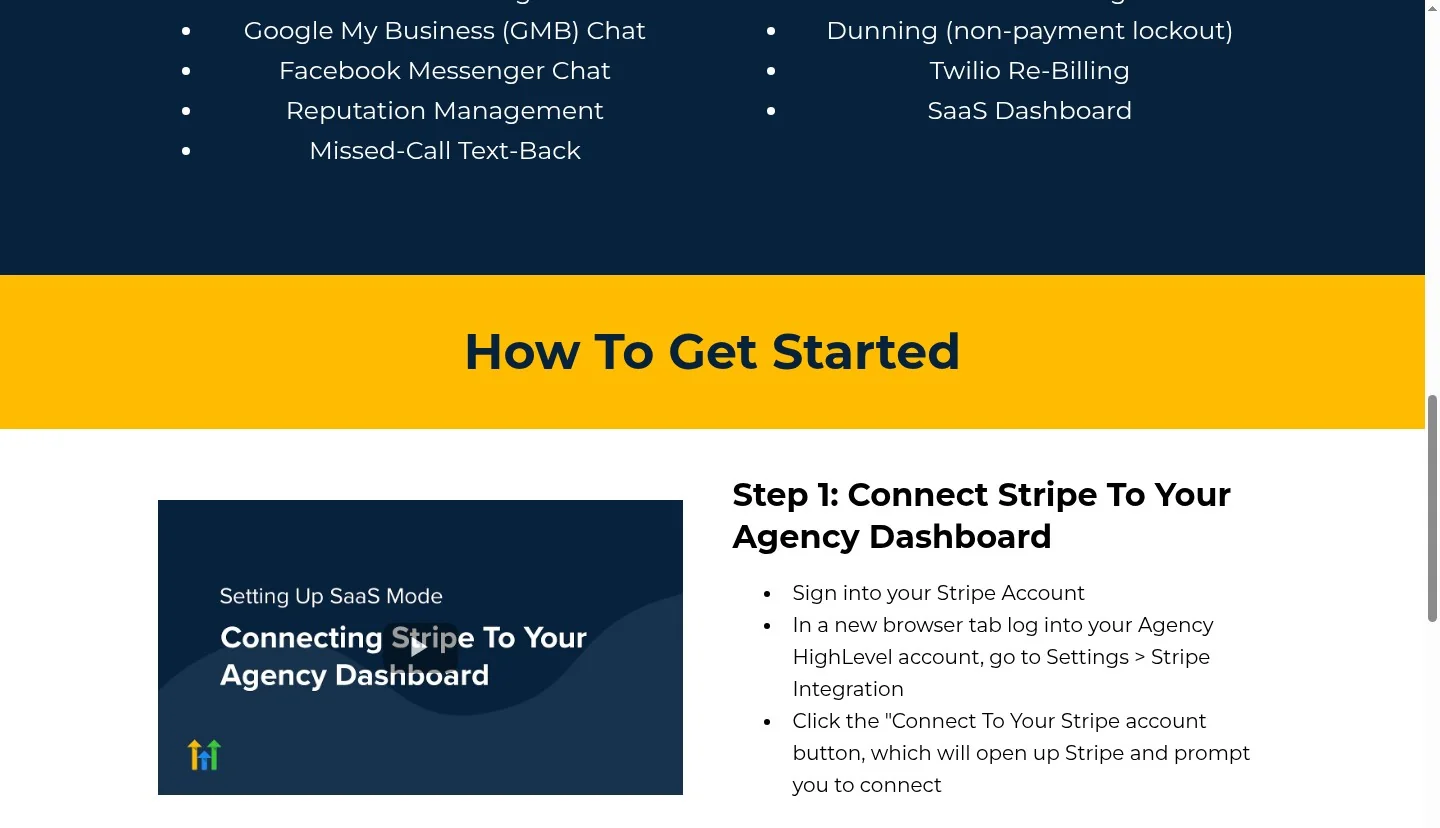 GoHighLevel SaaS Mode feature breakdown - automated sub-account creation, custom domain mapping, rebilling for Twilio and Mailgun, branded mobile app, and agency-level analytics dashboard