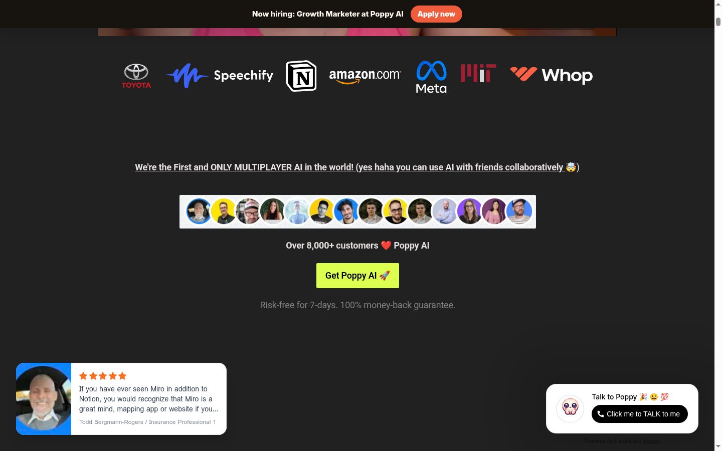 Poppy AI platform showing over 8,000 customers with the Multiplayer AI collaboration feature and risk-free 7-day money-back guarantee with Get Poppy AI call to action