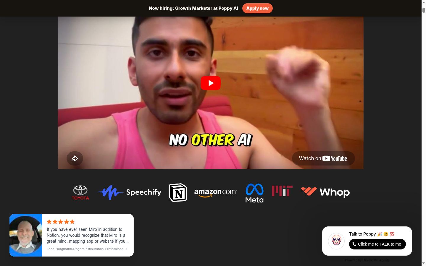 Poppy AI trusted by users at Toyota, Speechify, Notion, Amazon, Meta, MIT, and Whop, with embedded YouTube demo showing how to make viral content in 10 minutes