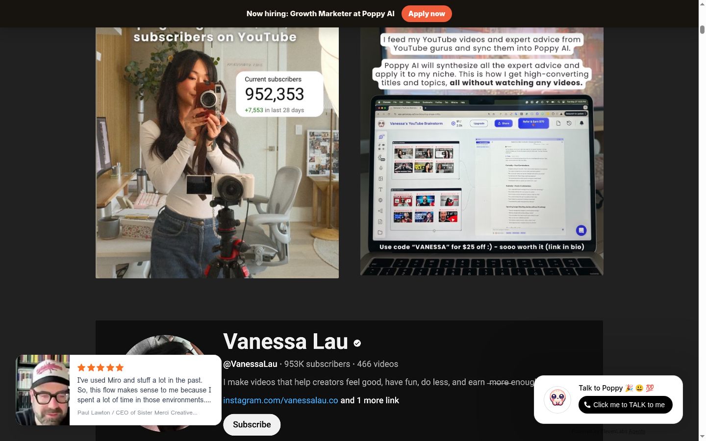 Poppy AI real-world results showing content creator case studies including Vanessa Lau with 953,000 YouTube subscribers and Jason Cooperson with 135,000 followers demonstrating the platform's Poppy boards for viral content creation