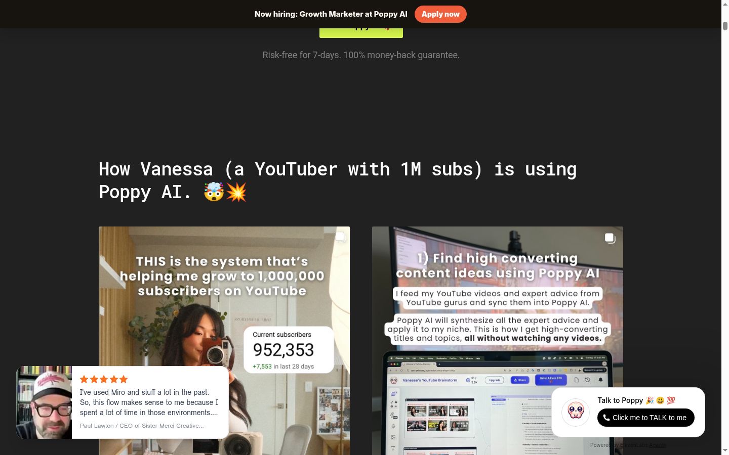 Poppy AI case study showing YouTuber Vanessa Lau using the platform to grow to 952,353 subscribers with 7,553 new subscribers in 28 days, demonstrating real-world content creation results with the Poppy brainstorm interface