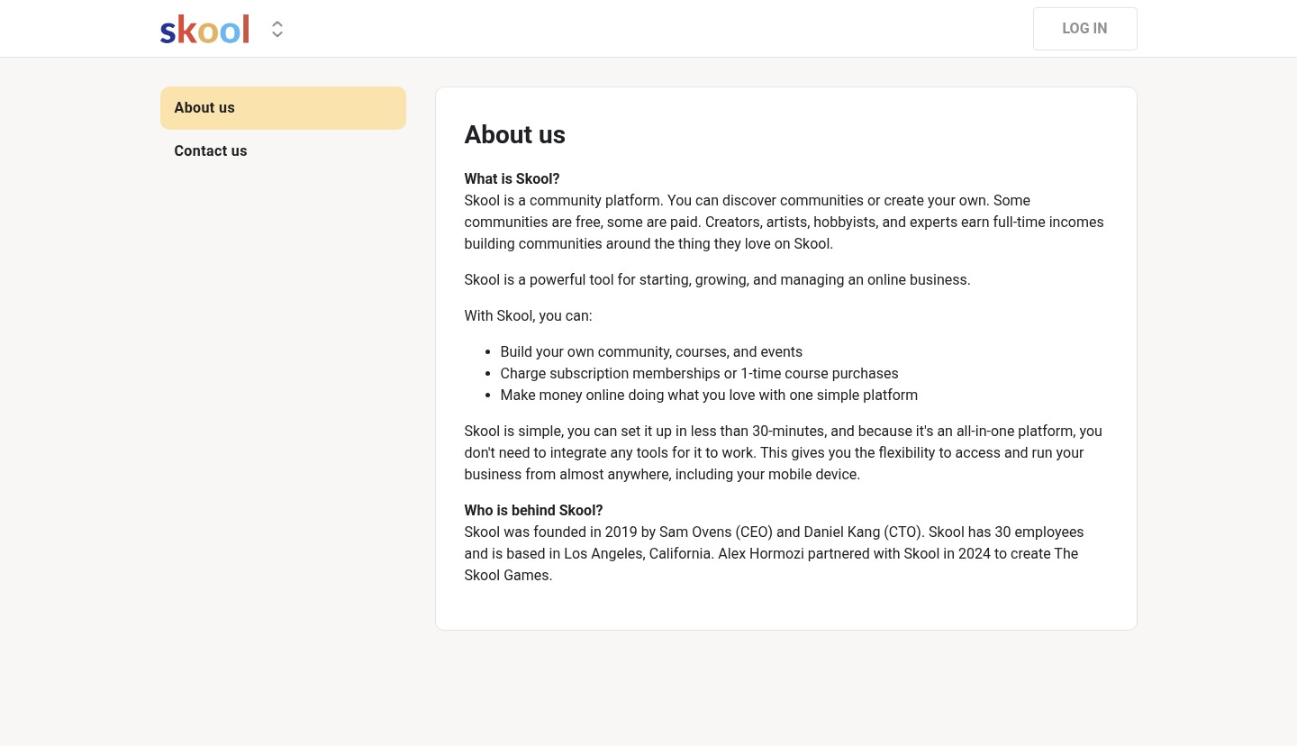 Skool About Us page showing company overview - founded 2019 by Sam Ovens (CEO) and Daniel Kang (CTO), 30 employees in Los Angeles, and Alex Hormozi partnership for The Skool Games in 2024