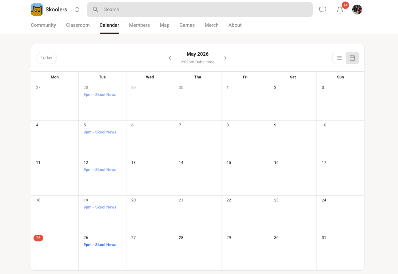 Skool Calendar view for the Skoolers community showing May 2026 with weekly Skool News events scheduled every Tuesday at 9pm, demonstrating the built-in event scheduling