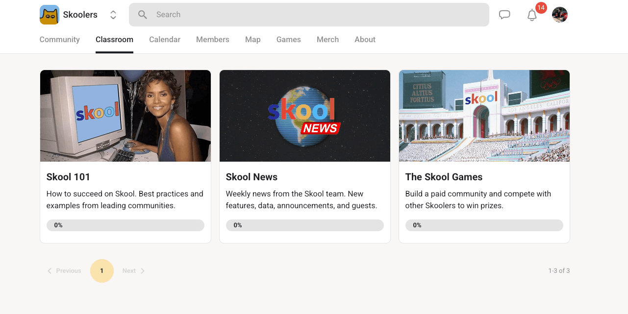Skool Classroom view showing three courses inside the Skoolers community: Skool 101 with best practices, Skool News with weekly updates, and The Skool Games course with competition details, each with progress tracking bars