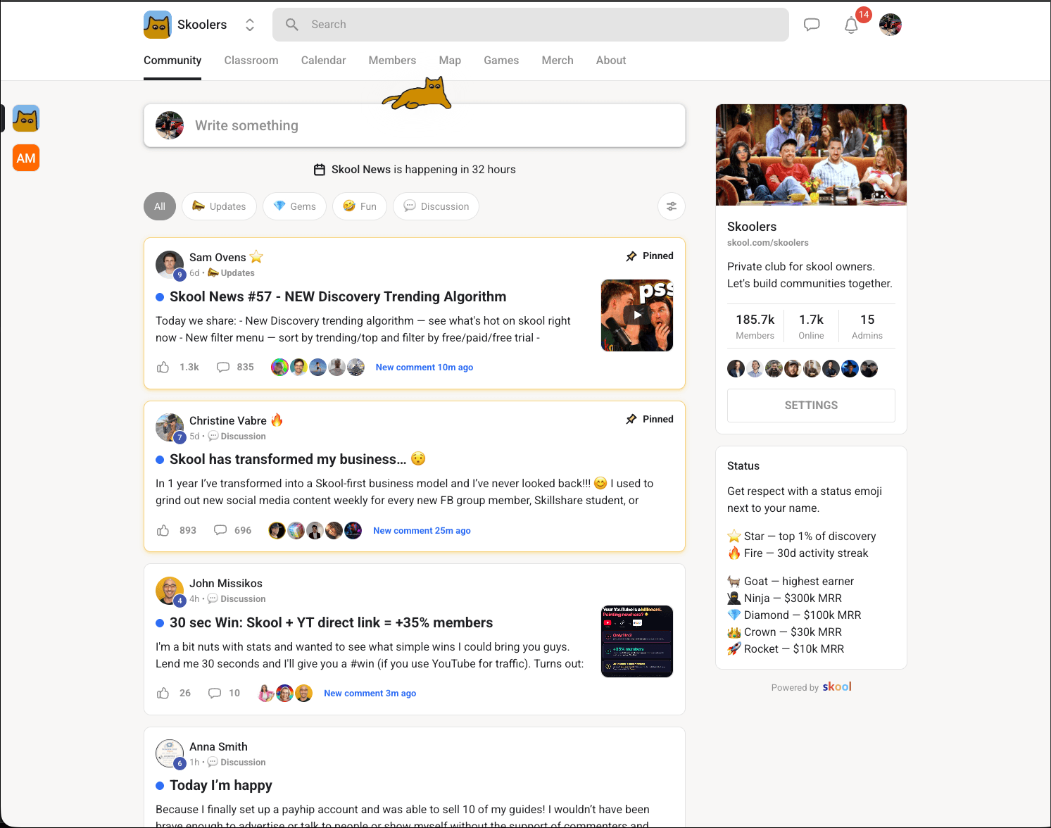 Skool community feed inside the Skoolers group showing pinned posts from Sam Ovens about the new Discovery trending algorithm, a member testimonial from Christine Vabre, and active discussions with hundreds of comments and likes