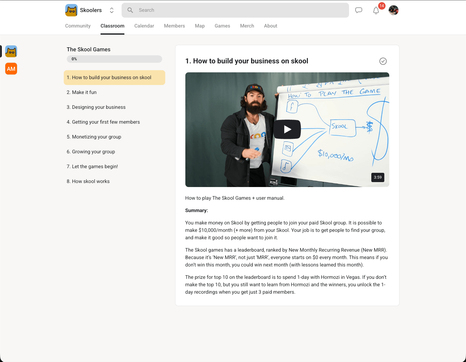 Skool course lesson view showing The Skool Games course with 8 modules including How to build your business on skool, Make it fun, and Getting your first few members, with an embedded video lesson and completion tracking