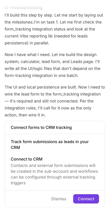 GoHighLevel AI Studio chat asking to connect the lead form to CRM tracking so submissions create contacts in the sub-account