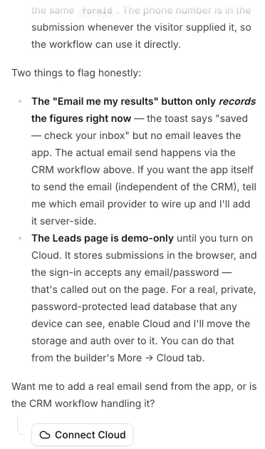 AI Studio reply explaining that the results email and the two-day text are CRM workflows keyed on the calculator form, and that the Leads page needs Cloud