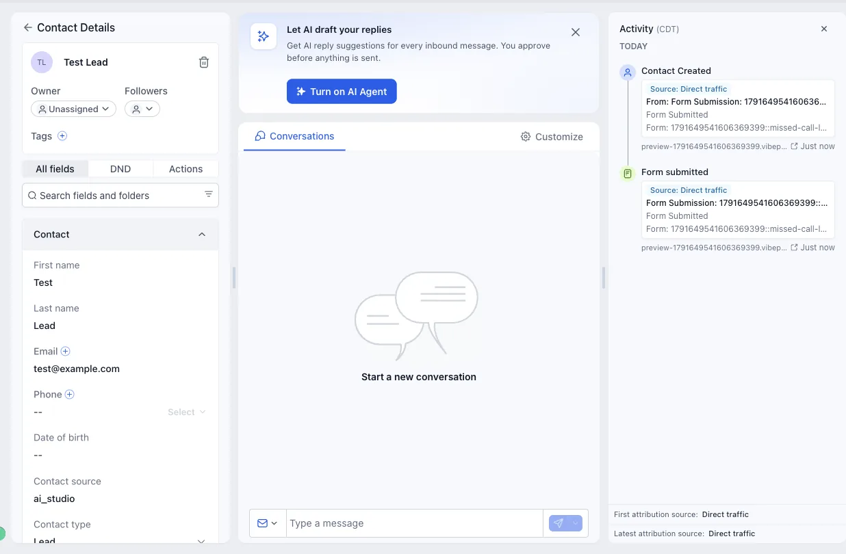 GoHighLevel contact record for Test Lead created by AI Studio, with contact source ai_studio and Form Submitted activity from the calculator page