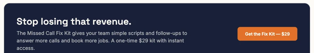 AI Studio banner describing the Missed Call Fix Kit as simple scripts and follow-ups with instant access