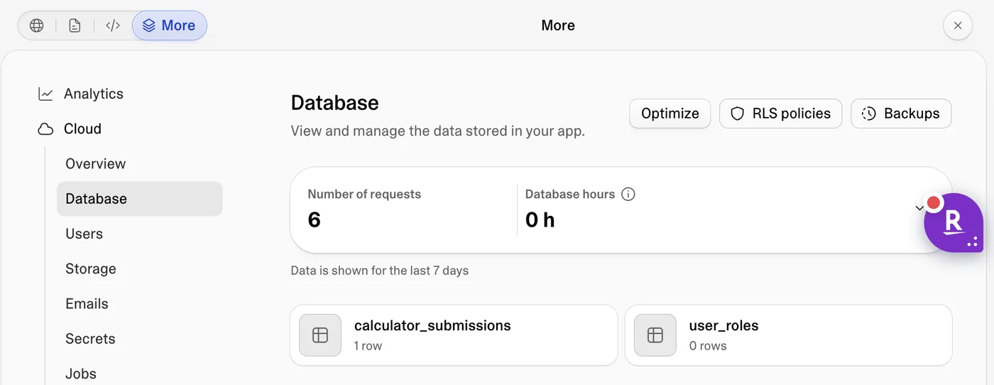 Lovable More menu with Cloud, Database, Users and Storage, showing the calculator_submissions table with one row
