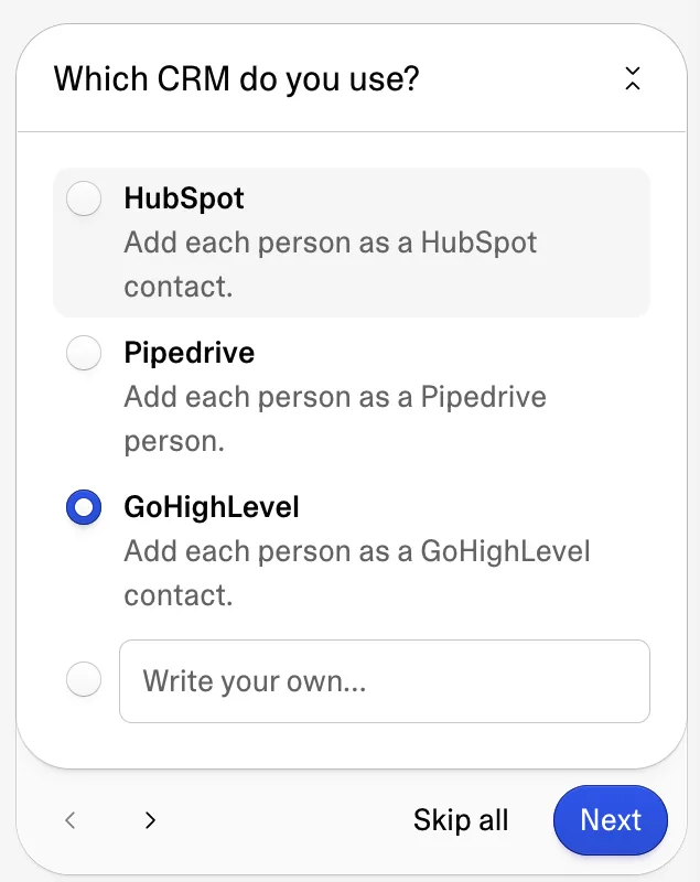Lovable question asking which CRM you use, with HubSpot, Pipedrive and GoHighLevel as options