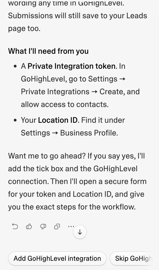 Lovable asking for a GoHighLevel Private Integration token and Location ID so the calculator can create GoHighLevel contacts