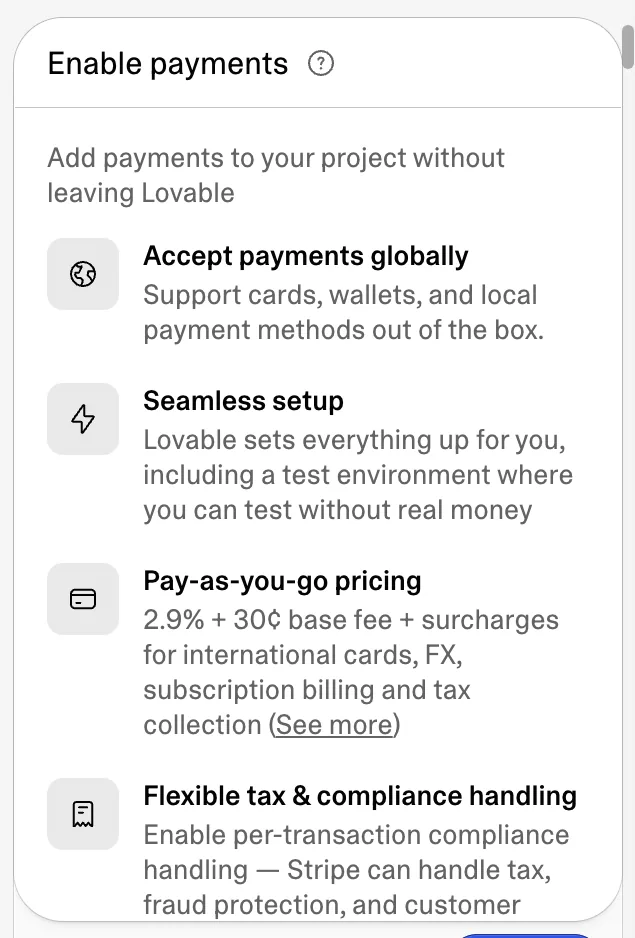 Lovable Enable payments panel describing a managed setup, a test environment and pay as you go pricing of 2.9% plus 30 cents