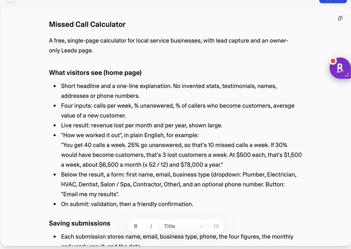 Lovable plan for the Missed Call Calculator listing what visitors see, how submissions are saved and a worked example of the maths