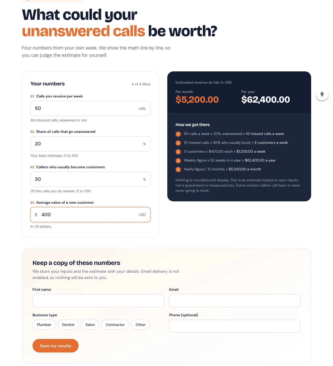 Missed Call Calculator built by Replit showing $5,200.00 a month and $62,400.00 a year with five numbered steps
