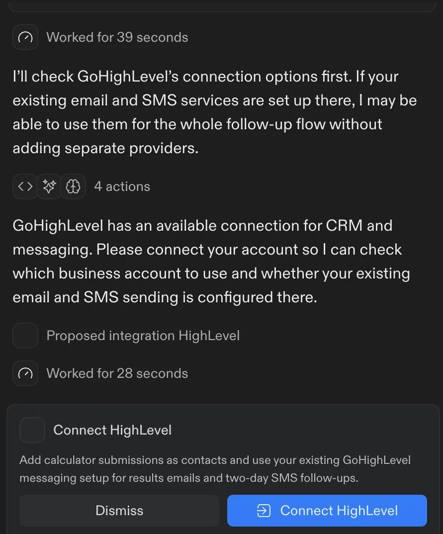 Replit Agent proposing the HighLevel integration to add calculator submissions as contacts and use GoHighLevel messaging for the results email and two-day text
