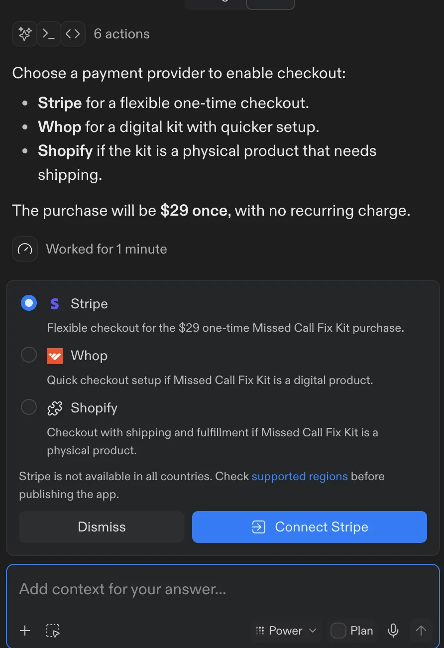 Replit Agent offering Stripe, Whop or Shopify for the $29 one-time purchase with a Connect Stripe button