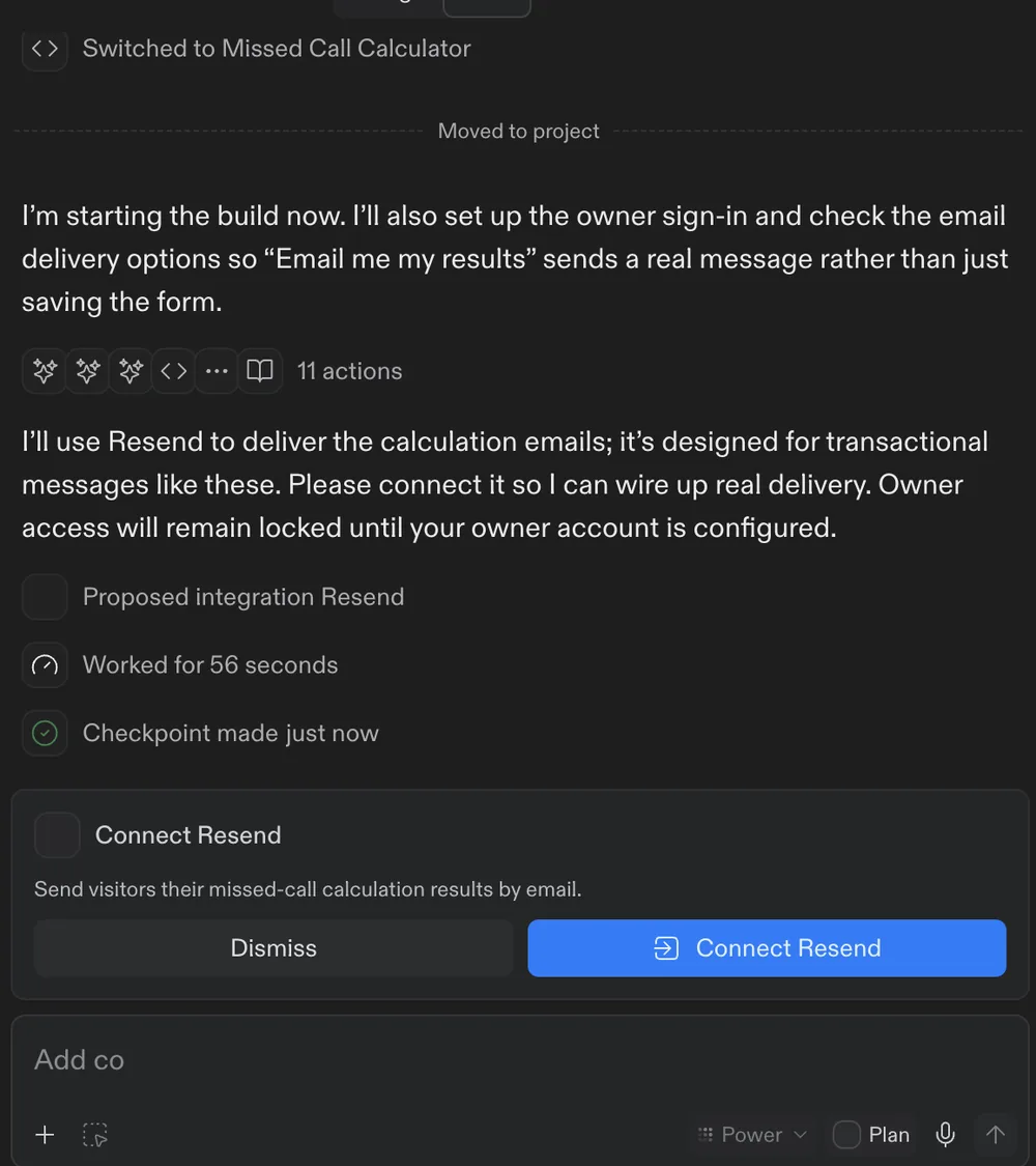 Replit Agent message proposing the Resend integration to send calculation emails, with Connect Resend and Dismiss buttons