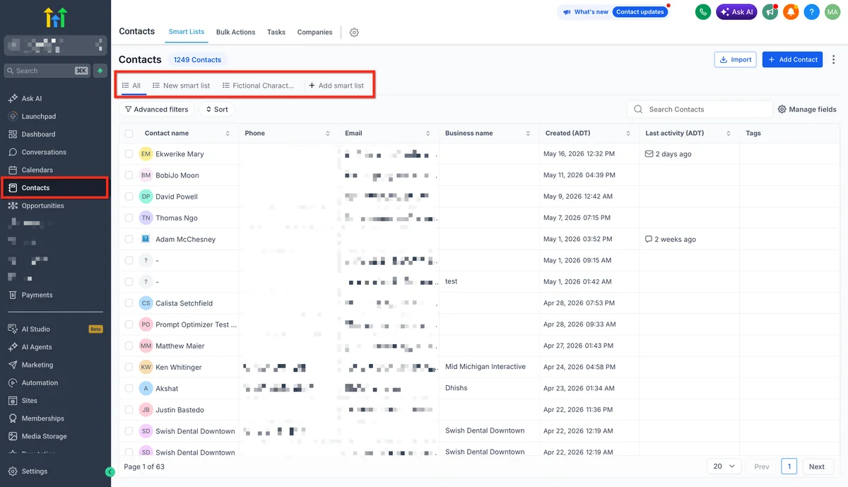 GoHighLevel CRM contact record with activity timeline, custom fields, tags, and conversation history panel