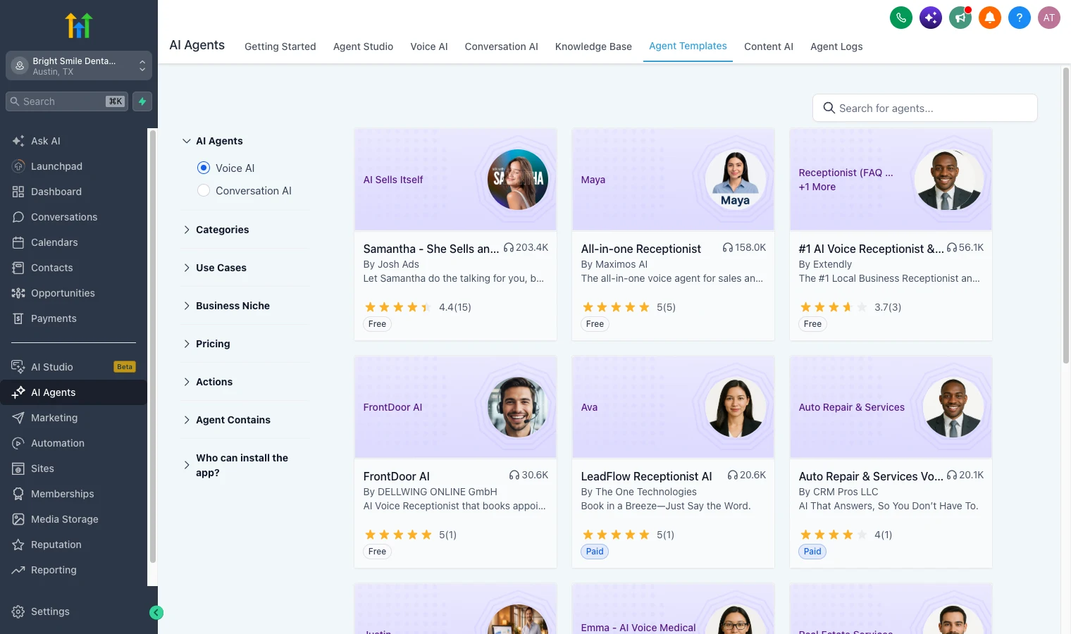 GoHighLevel Agent Templates marketplace with pre-built voice and chat agents