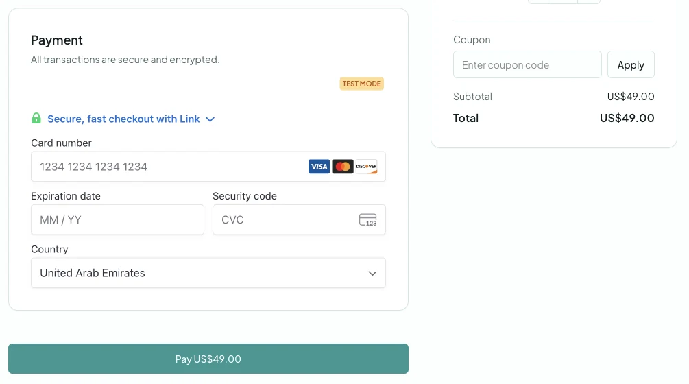 Smile Journal checkout with Stripe card number, expiry and security code fields, a Test mode badge and a Pay US$49.00 button