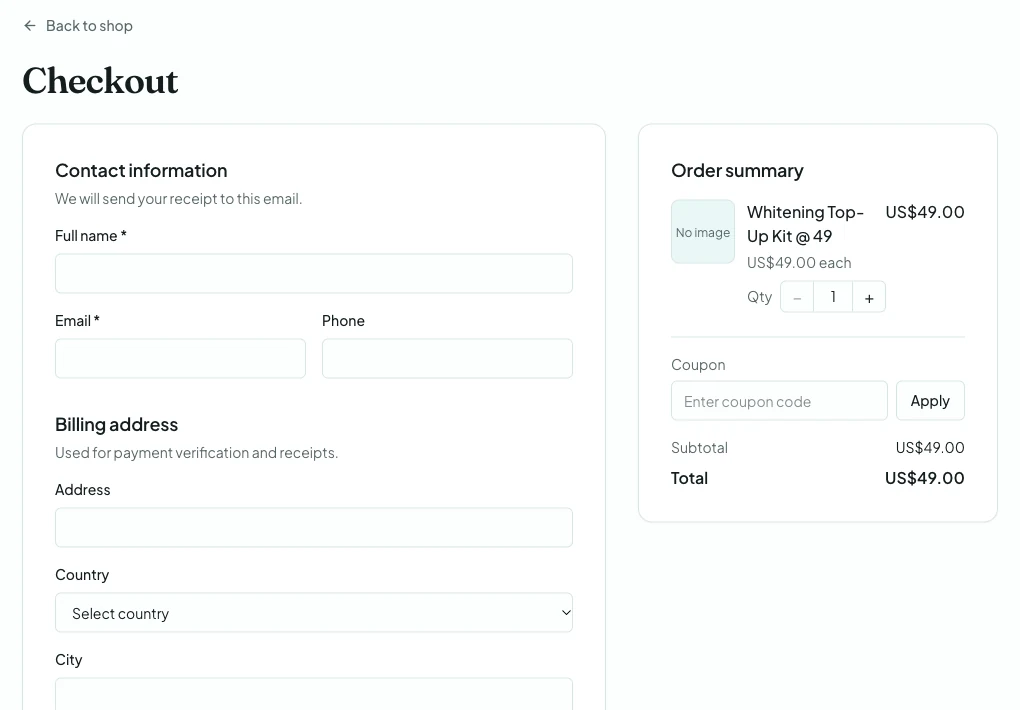 Smile Journal checkout page with contact and billing fields, an order summary for the Whitening Top-Up Kit at US$49.00 and a coupon code field