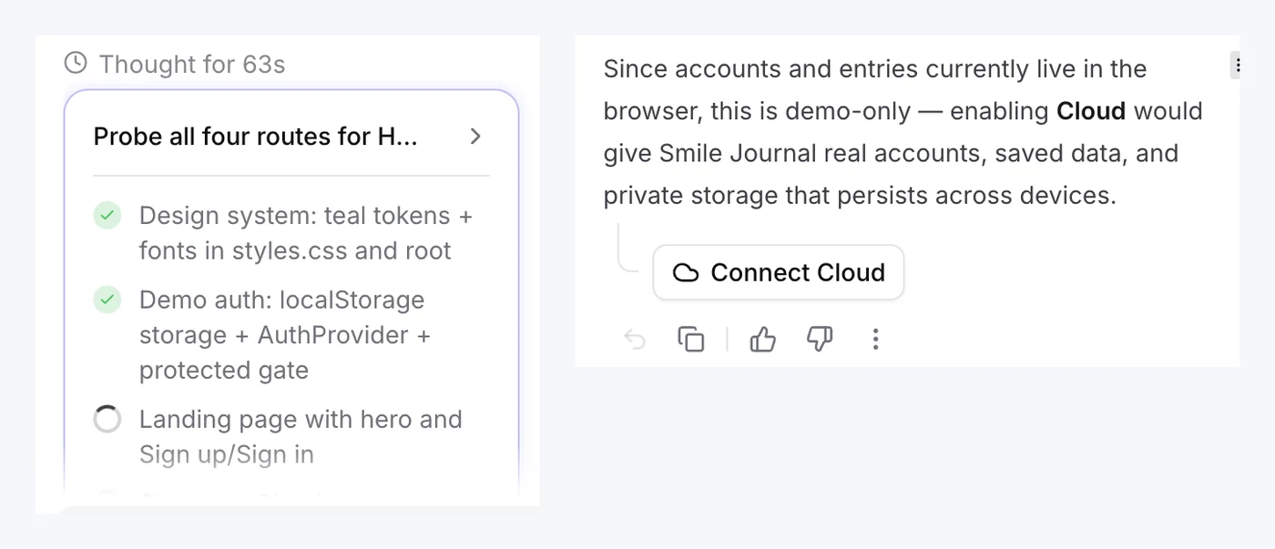GoHighLevel AI Studio build plan showing a demo auth step using localStorage, next to the agent's message offering a Connect Cloud button