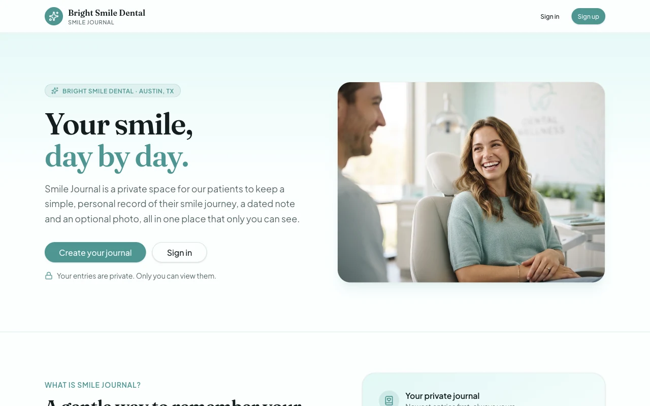 The finished Smile Journal landing page built with GoHighLevel AI Studio for a dental practice