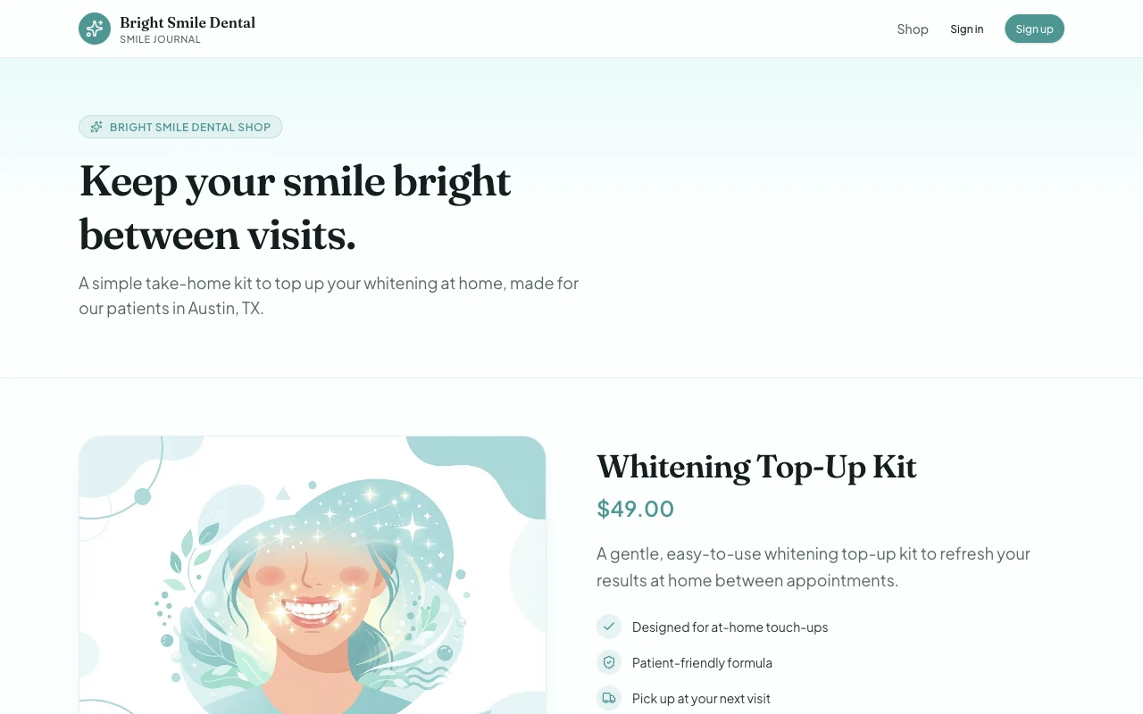 Smile Journal shop page built by GoHighLevel AI Studio selling a Whitening Top-Up Kit for $49 with a product image and Buy now button