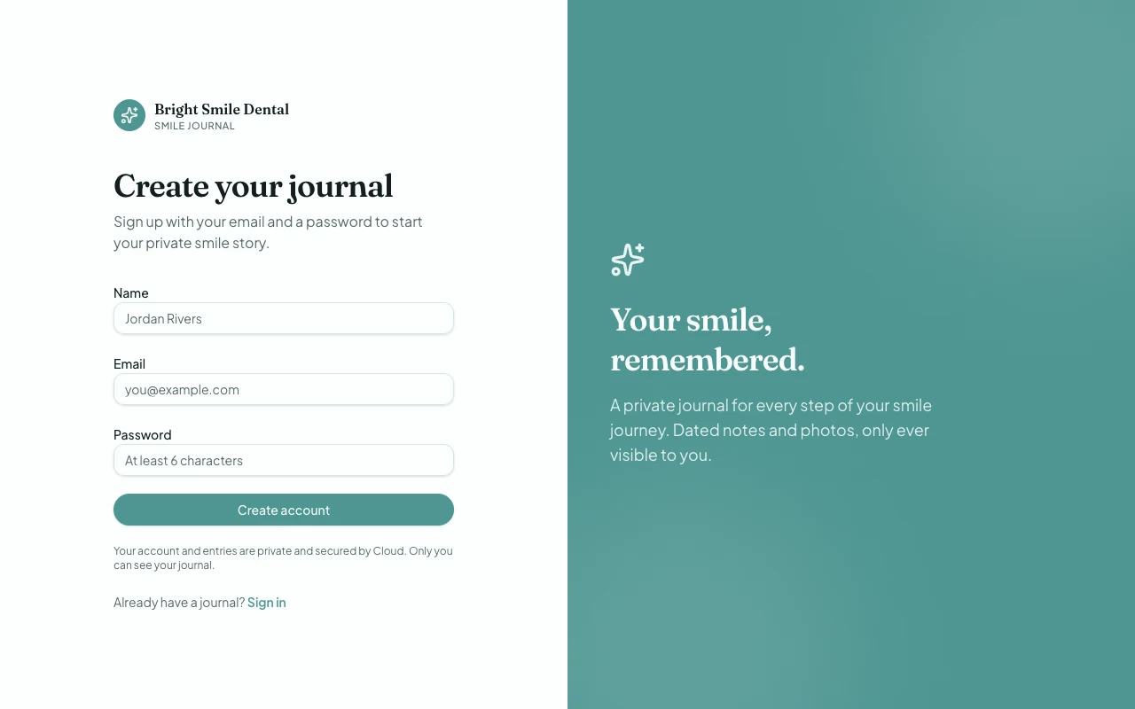 Smile Journal sign up page built with GoHighLevel AI Studio, with name, email and password fields and a note that entries are private and secured by Cloud