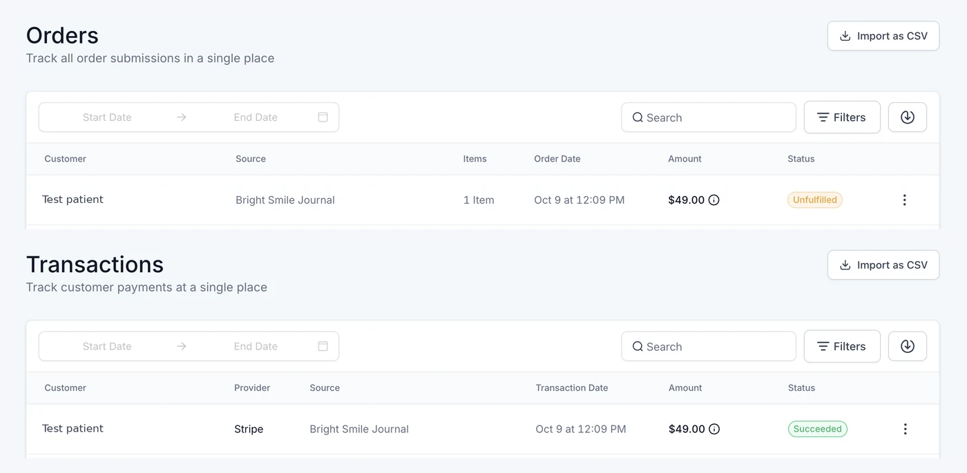 GoHighLevel Payments Orders and Transactions lists showing a $49 order from Bright Smile Journal, unfulfilled, and a succeeded Stripe transaction