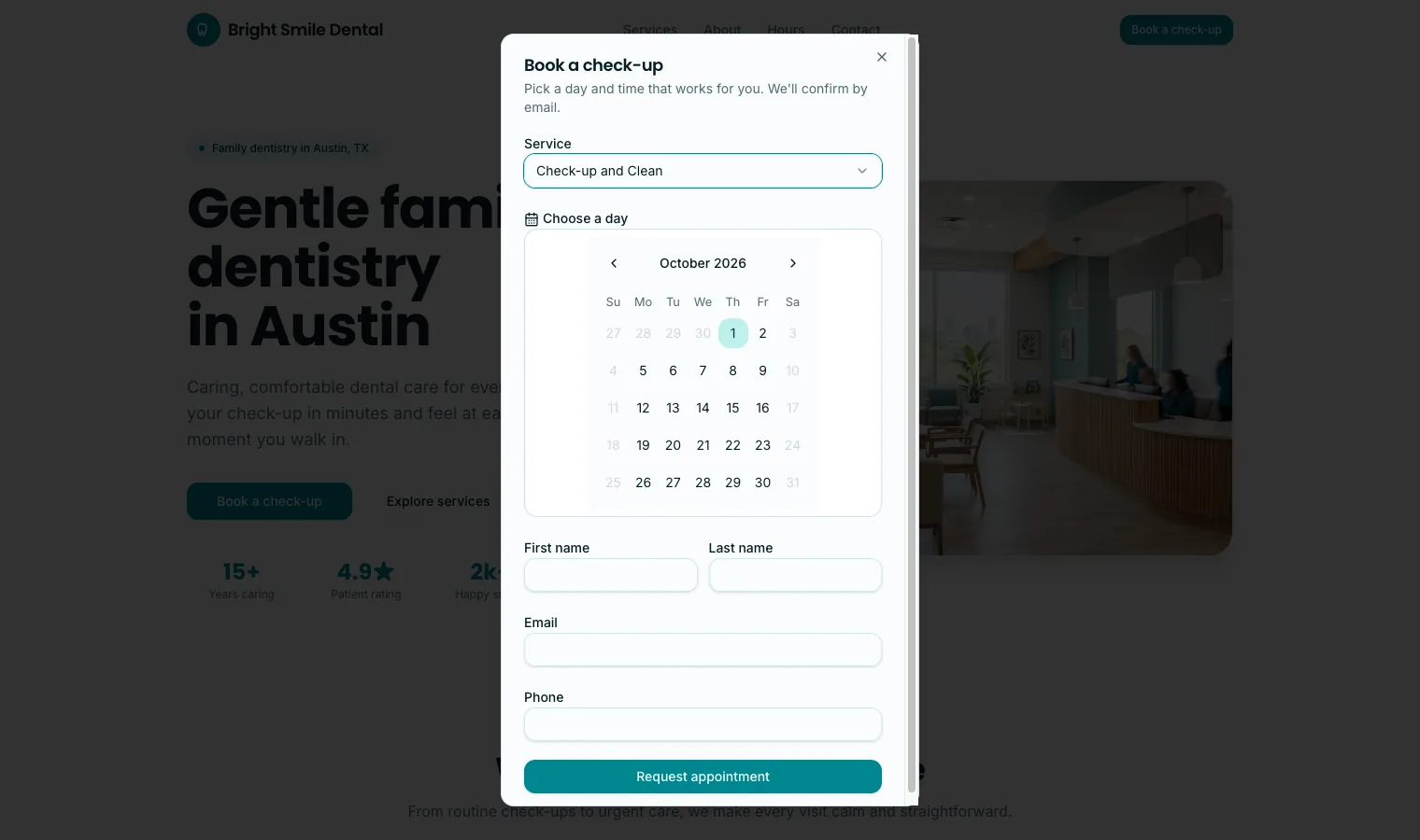 Booking dialog on an AI Studio website with a service dropdown, an October 2026 calendar and contact fields