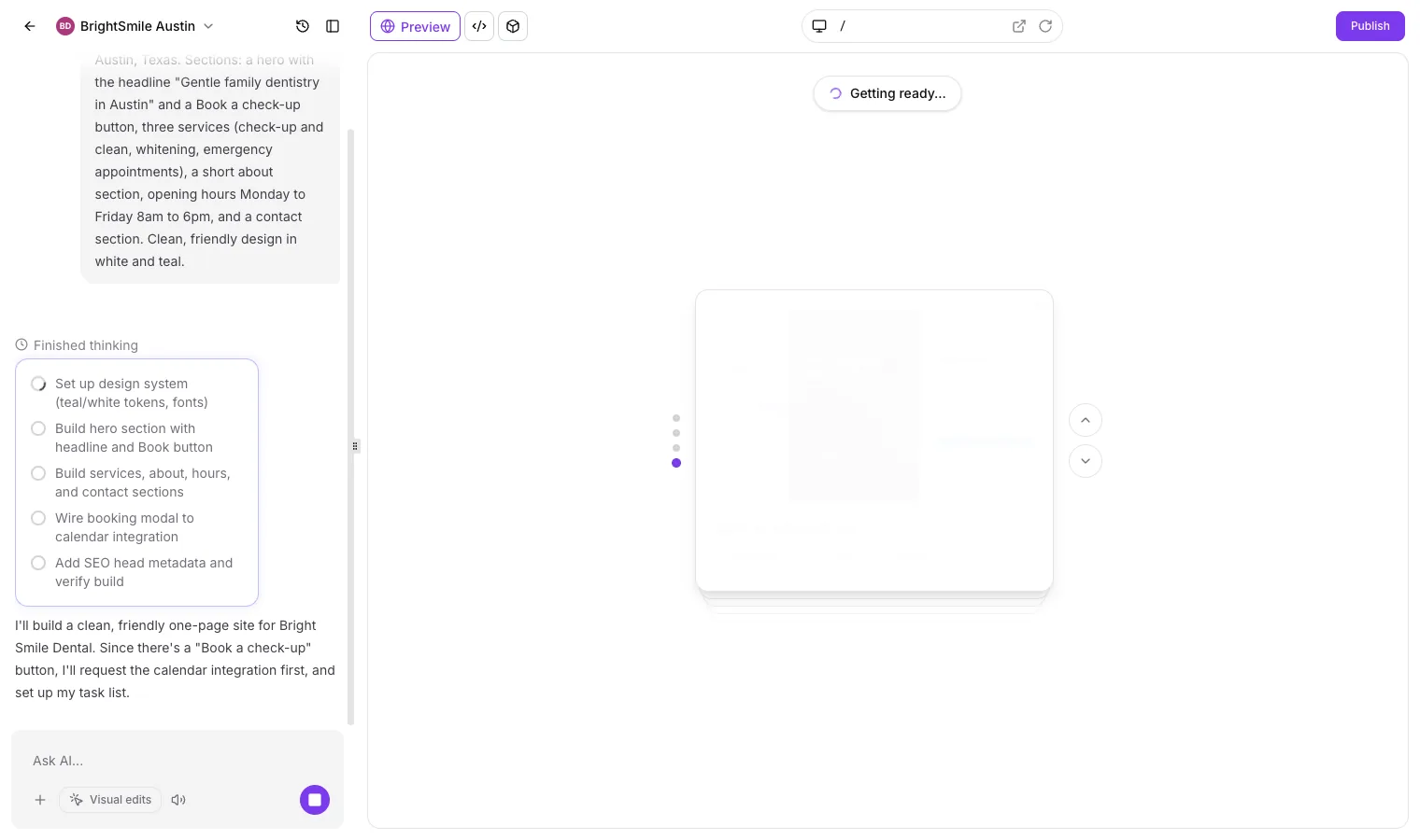 GoHighLevel AI Studio task list part way through a build, including a design system, sections, a booking modal and SEO head metadata