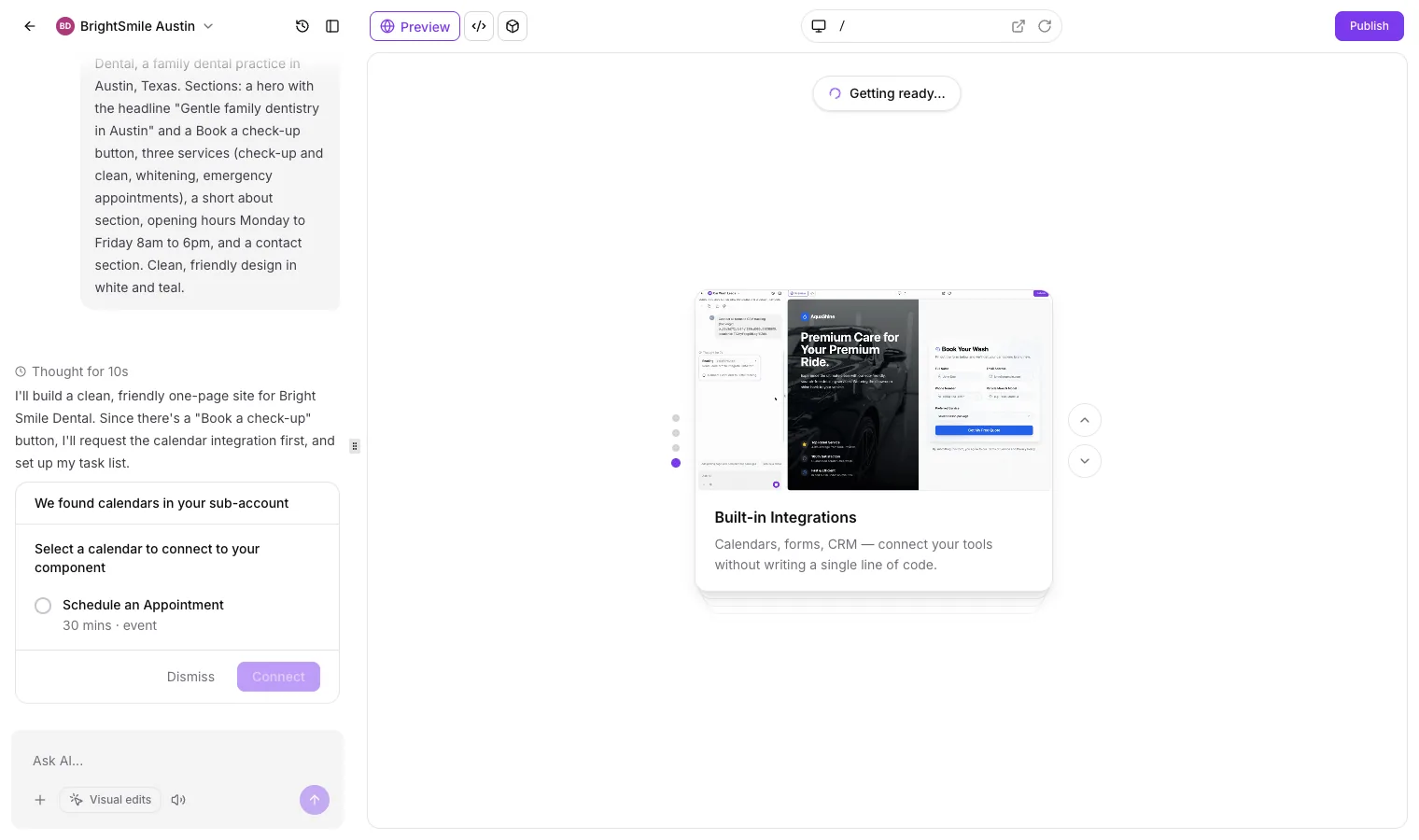 GoHighLevel AI Studio chat asking which calendar in the sub-account to connect to the website booking component