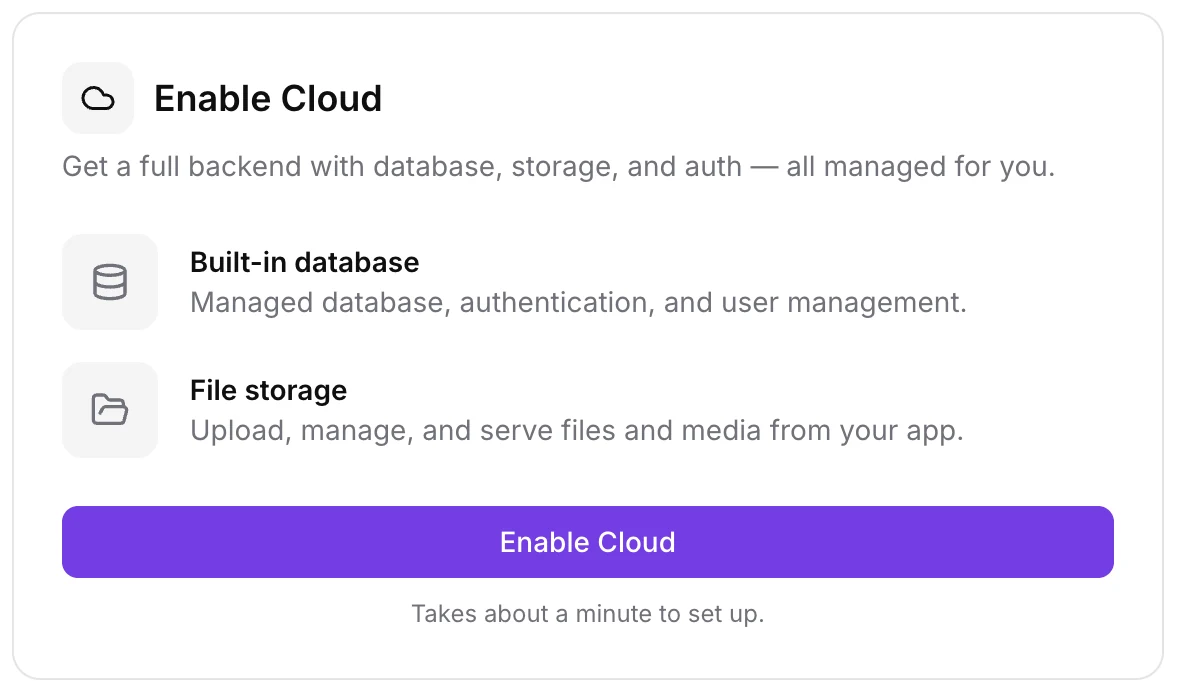 GoHighLevel AI Studio Enable Cloud panel listing a built-in database and file storage, with a note that setup takes about a minute