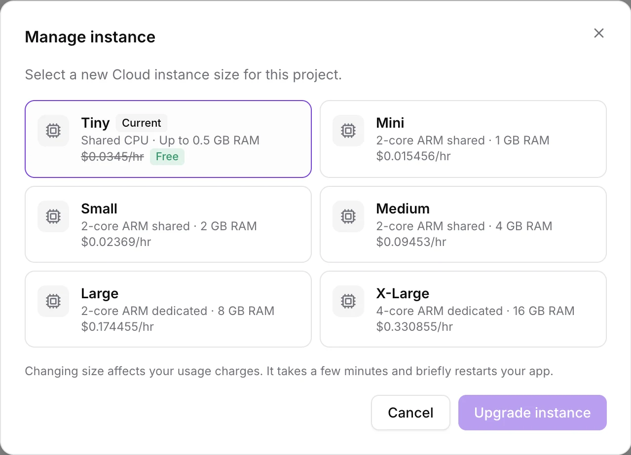 GoHighLevel AI Studio Cloud Manage instance dialog listing Tiny free, Mini, Small, Medium, Large and X-Large database sizes with hourly prices