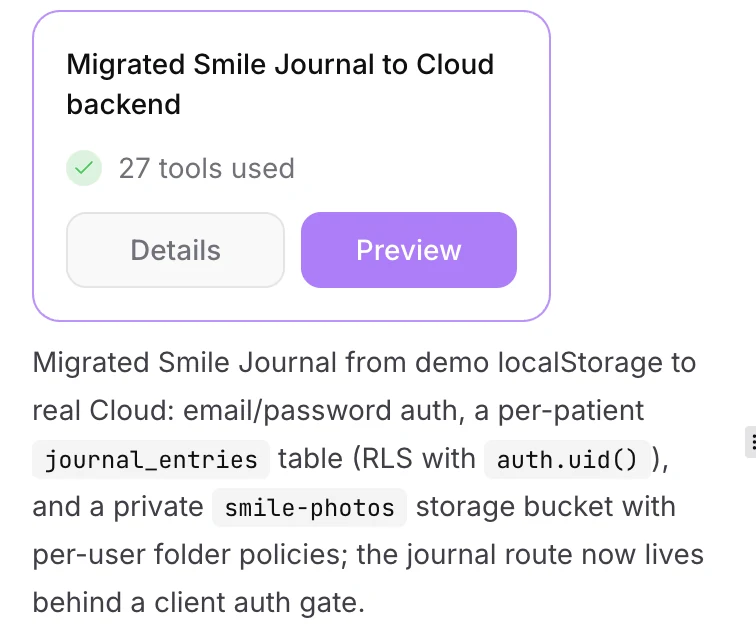 AI Studio message confirming Smile Journal was migrated from demo localStorage to Cloud with email and password auth, a journal_entries table and a private smile-photos bucket