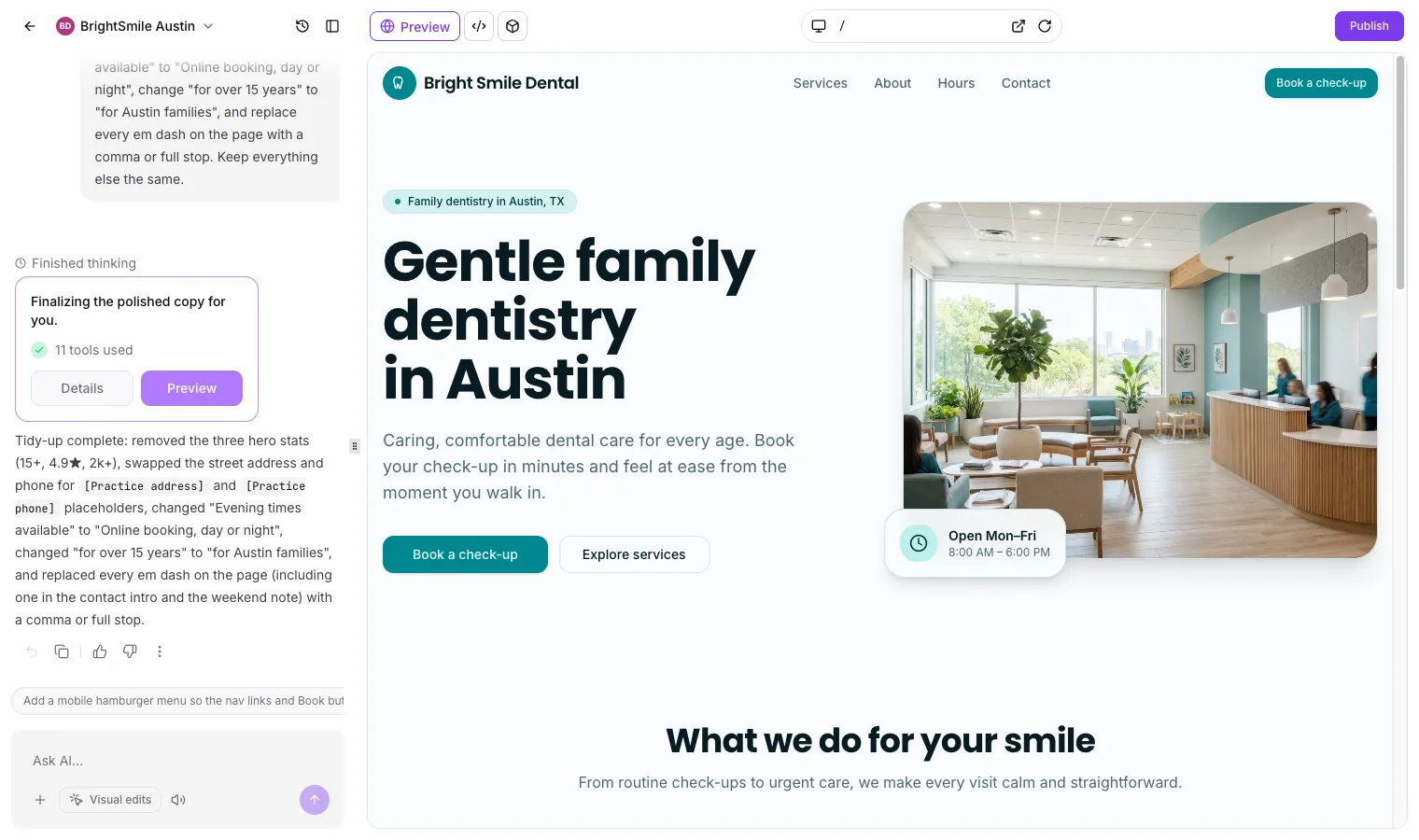 GoHighLevel AI Studio chat confirming copy edits to a dental website, with the corrected page in the live preview
