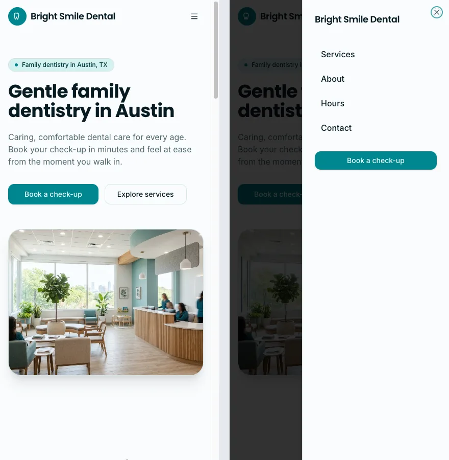 Mobile view of a dental website built with GoHighLevel AI Studio, with the booking button above the fold and the open hamburger menu